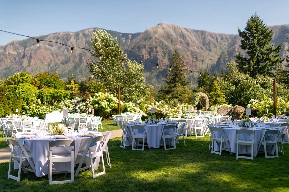 Banquet Tables arranged at for outdoor reception at Cape Horn Estate