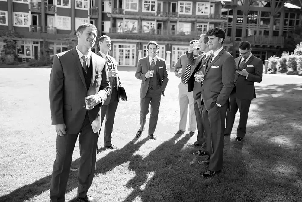 Alderbrook Resort Weddings
from ​Photographer Robert Knapp The groom, and all the groomsmen on the lawn, having a drink together