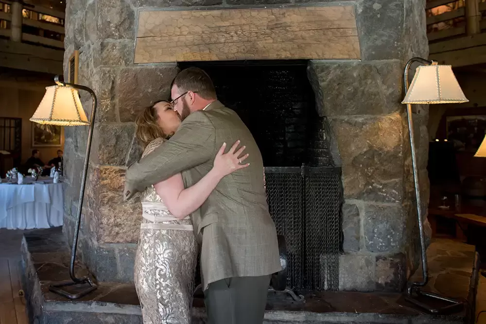 Wedding at Timberline Lodge, a close up of the bride and groom kissing at the end of the ceremony 