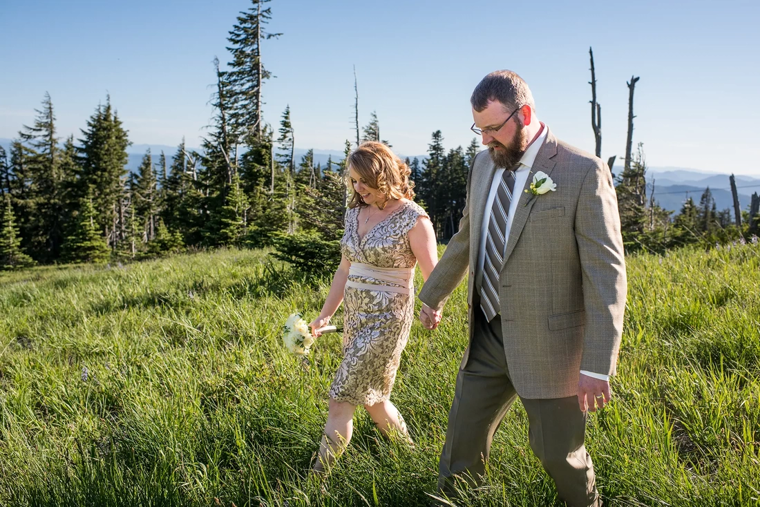 a bride and groom hold hands and walk through an alpine meadow with a view of oregon off in the distance from a Wedding at Timberline Lodge