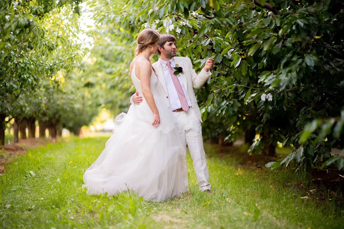 bride and groom in an orchard at sunset 