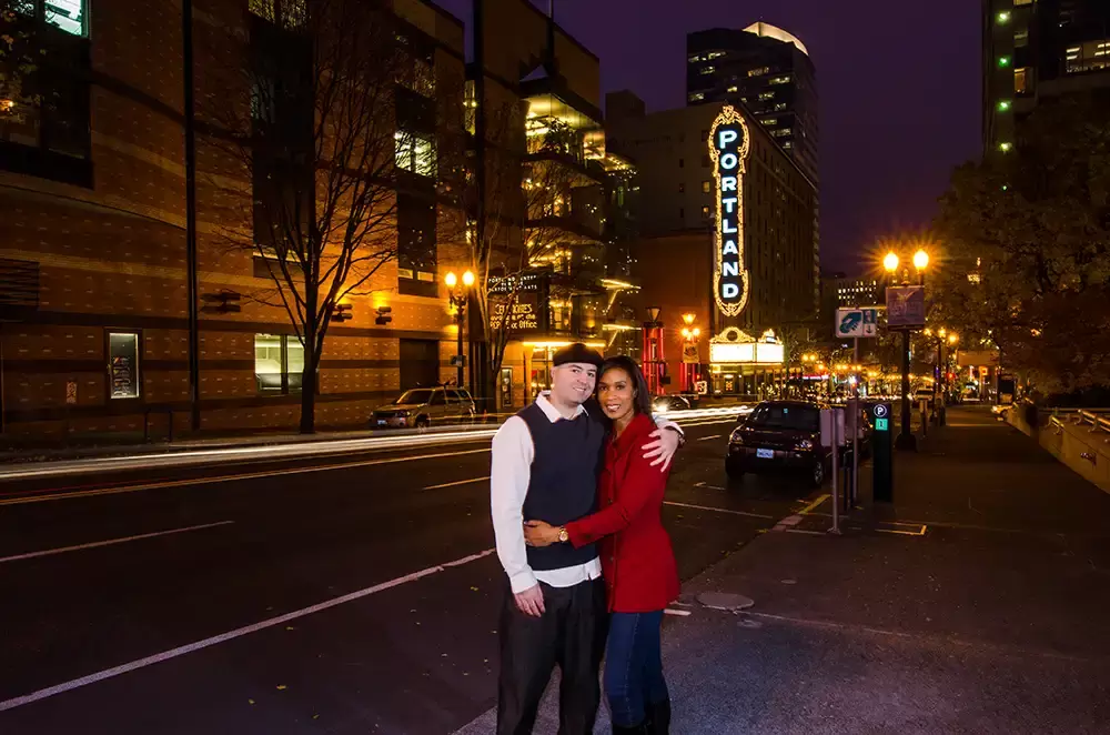 Nighttime Engagement Photos with Modern art Photograph in Portland Oregon, night time long exposure engagement shoot 