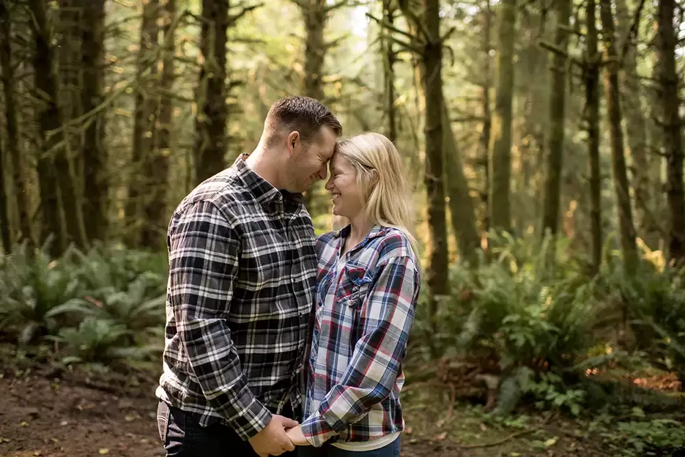 matching flannel in the woods on the coast Oregon Coast Engagement Photos 
With 
Modern Art Photograph