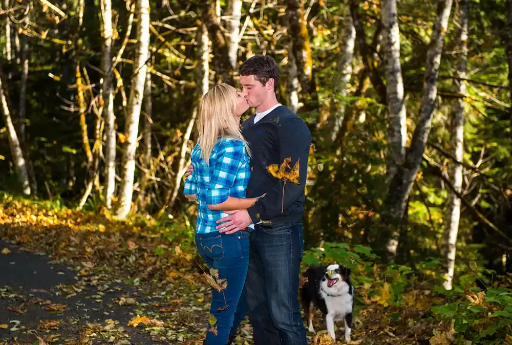 a couple kisses in the autumn light Unforgettable Moment - Mountain Engagement Photos 
with
​ Photojournalist Photographer Robert Knapp